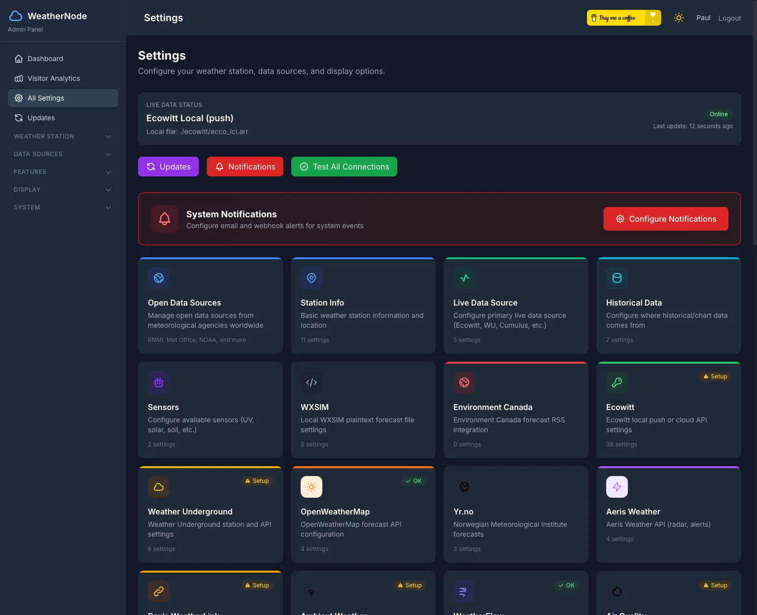 WeatherNode admin panel showing configurable data sources and integrations