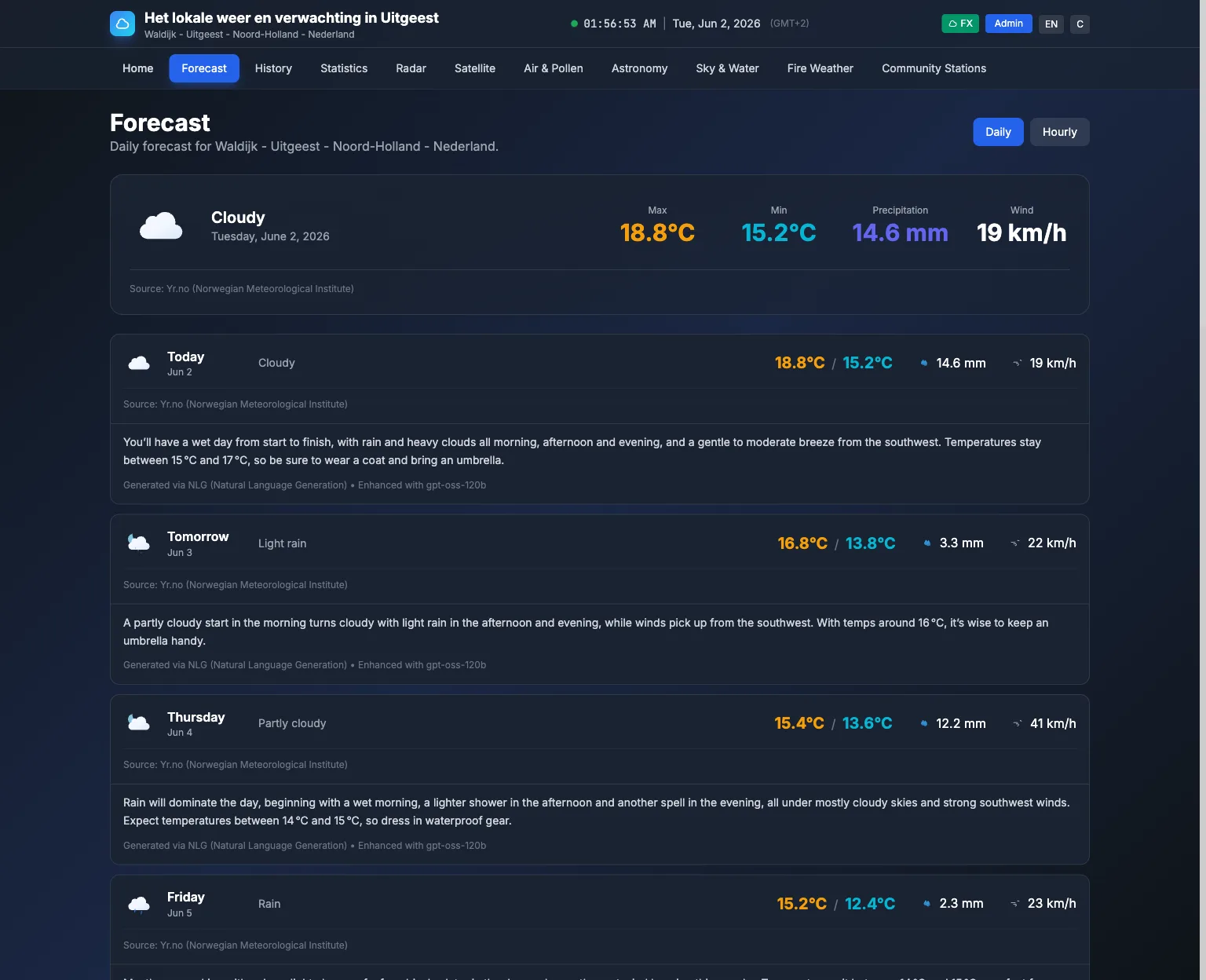 Forecast page with daily and hourly weather outlook