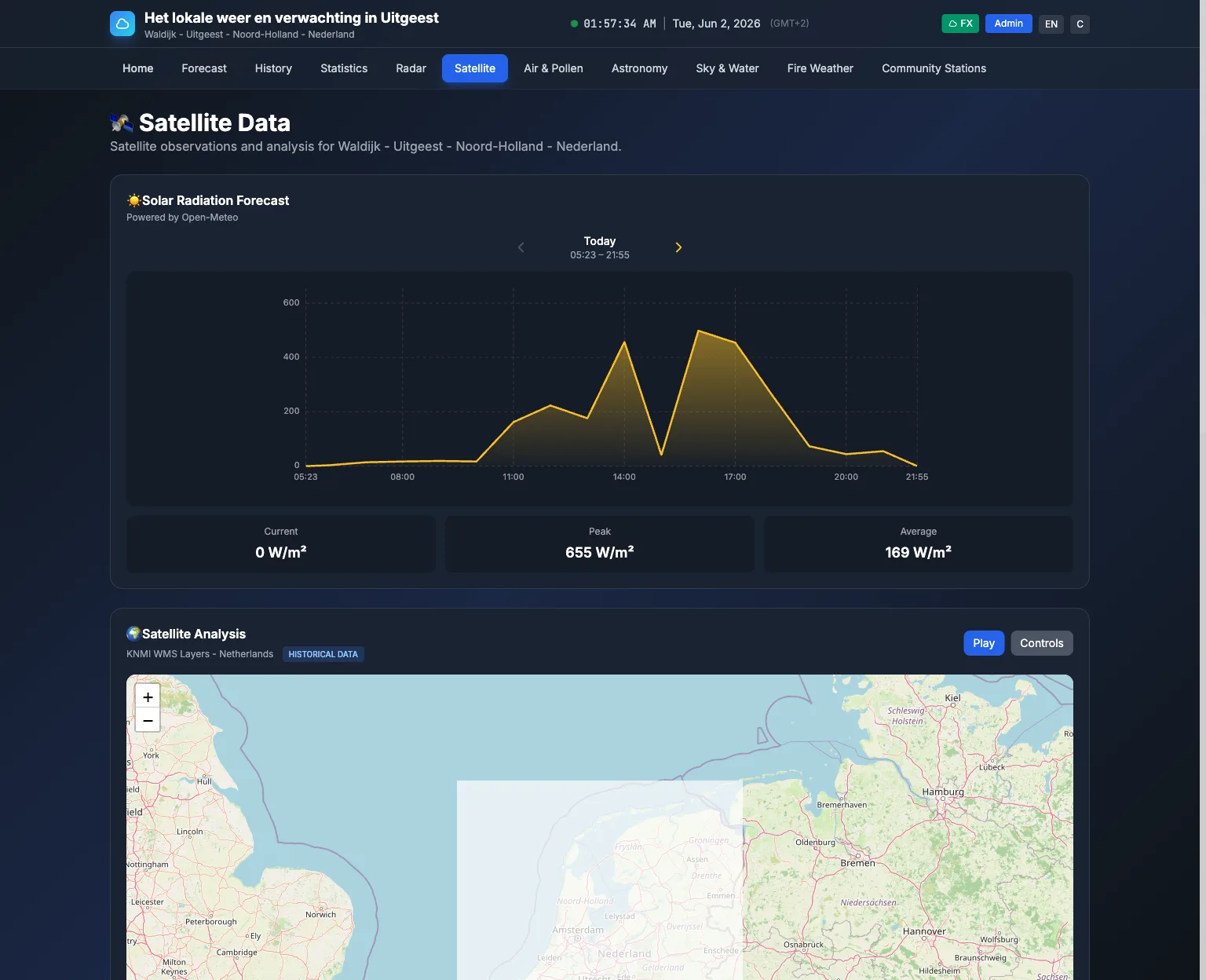 Satellite page with solar radiation forecast and satellite imagery